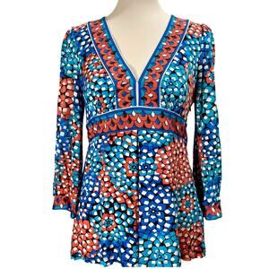 eci New York Floral V-neck Top 3/4 Sleeves Keyhole Back Stretch Y2K Blouse Med